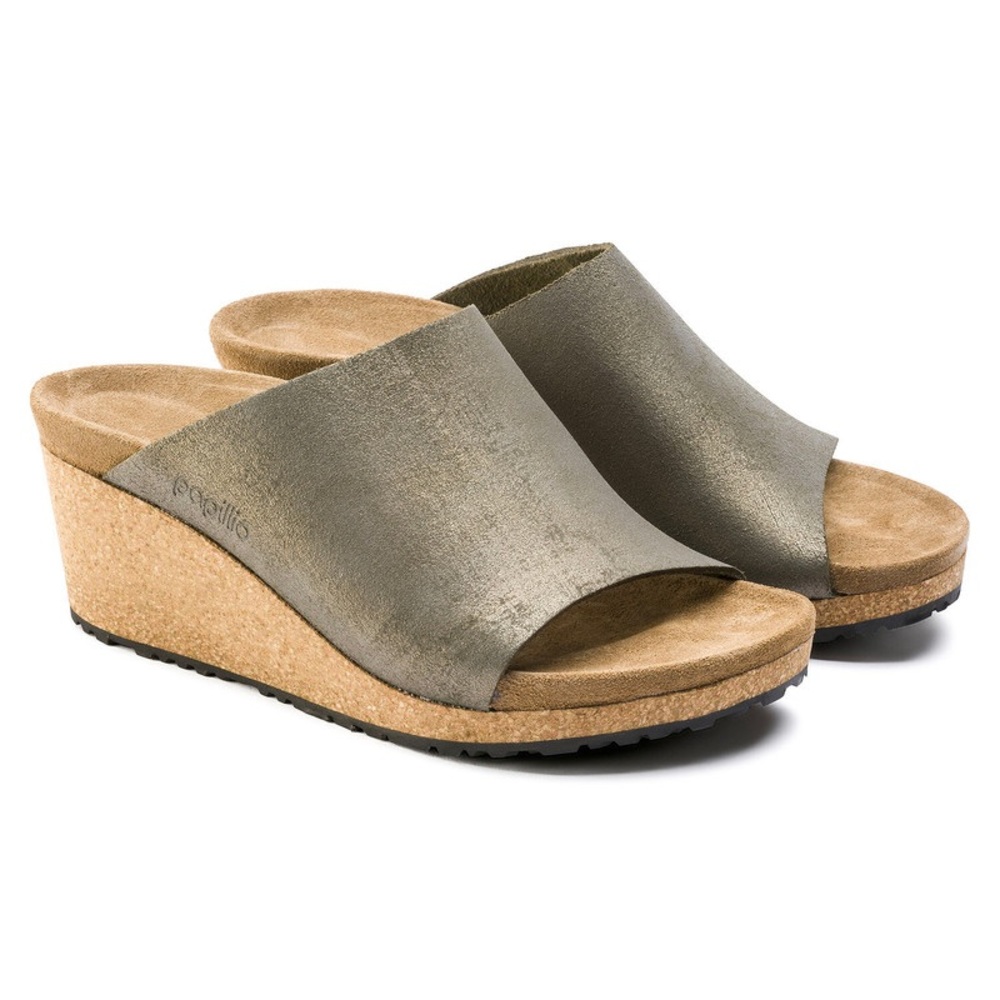 Papillio Olive Metallic Slide Wedge Sandals